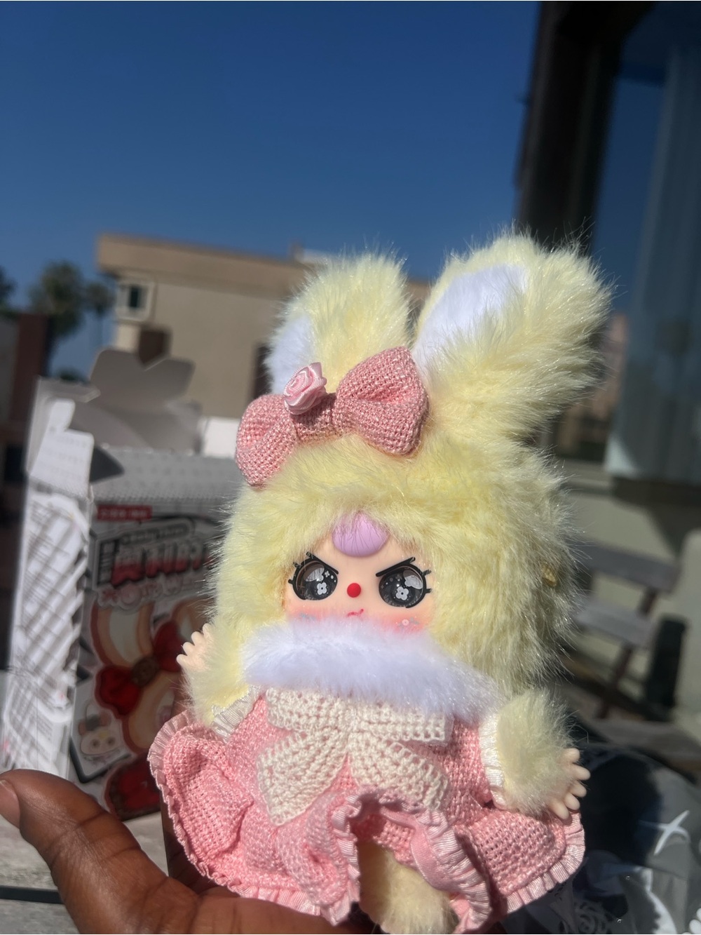 Open box PopMart Baby 3 Plush Doll in Yellow and Pink - Cute Small Pets Toy